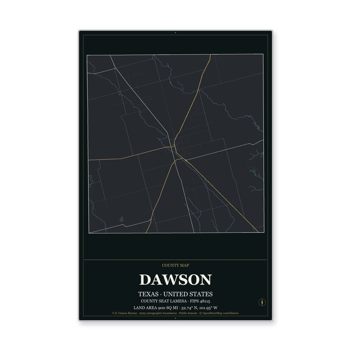 Dawson County, Texas Map Aluminum Sign in Metropolitan Noir style