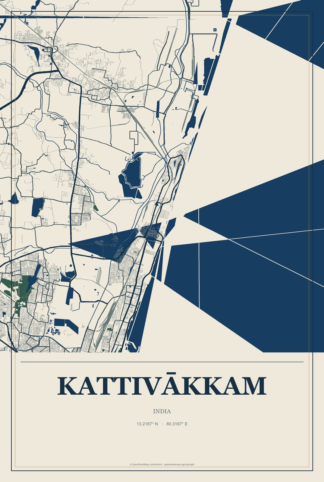 Kattivākkam, India City Map Aluminum Sign in Coastal Cutout style