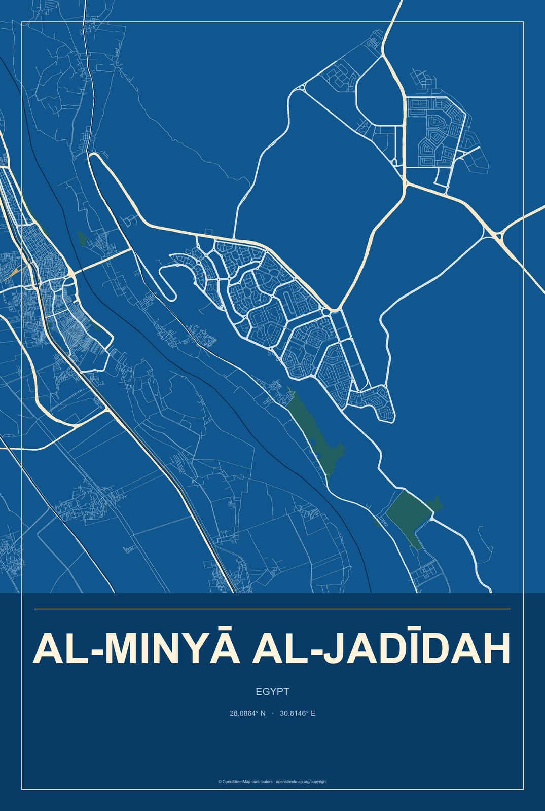 Al-Minyā al-Jadīdah, Egypt City Map Aluminum Sign in Harbor Cobalt style
