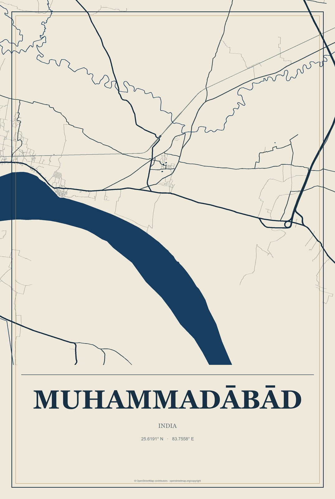 Muhammadābād, India City Map Aluminum Sign in Coastal Cutout style