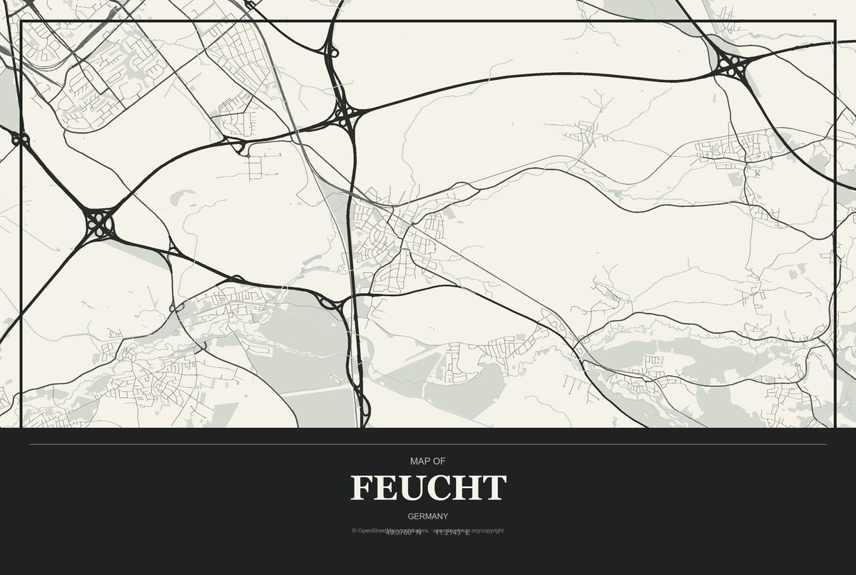 Feucht, Germany City Map Aluminum Sign in Museum Plaque style