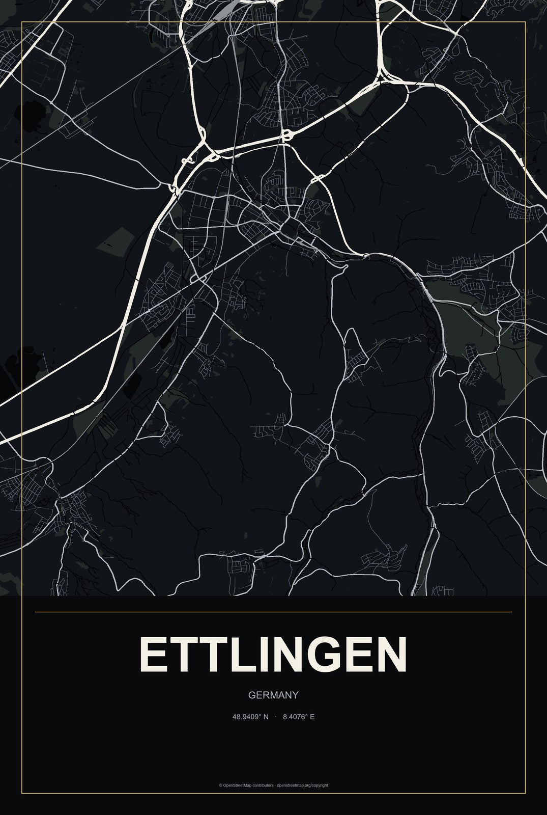 Ettlingen, Germany City Map Aluminum Sign in Metropolitan Noir style