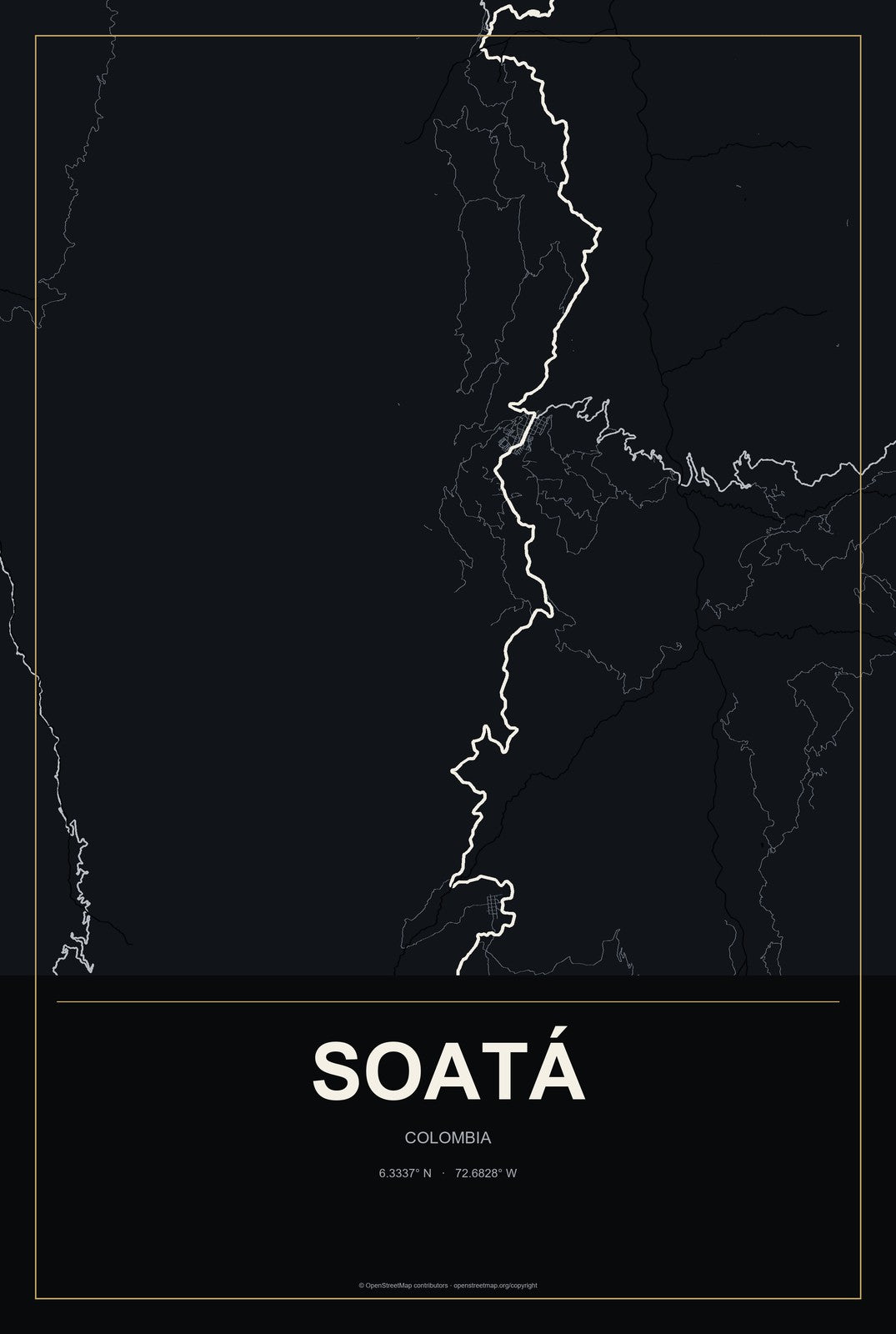 Soatá, Colombia City Map Aluminum Sign in Metropolitan Noir style