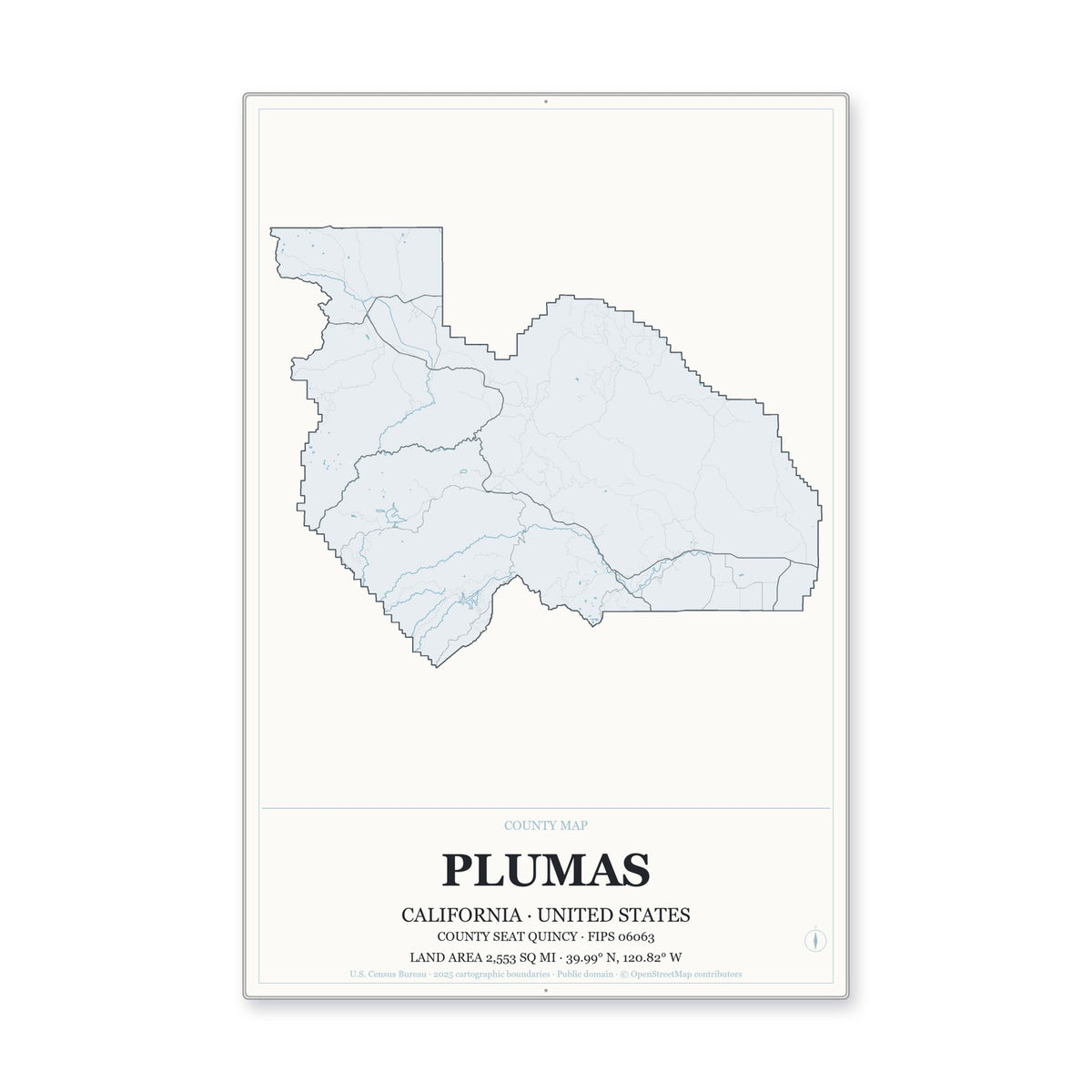 Plumas County, California Map Aluminum Sign in Gallery Air style