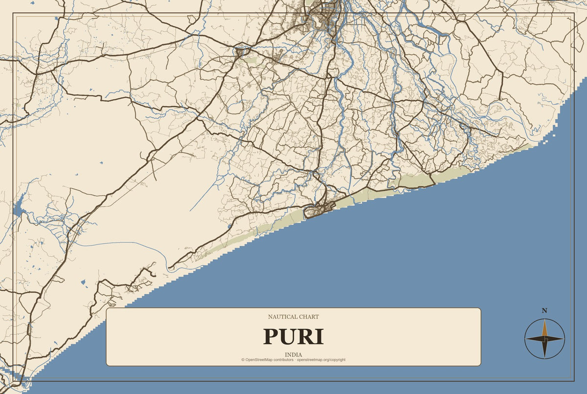 Puri, India City Map Aluminum Sign in Heritage Nautical style