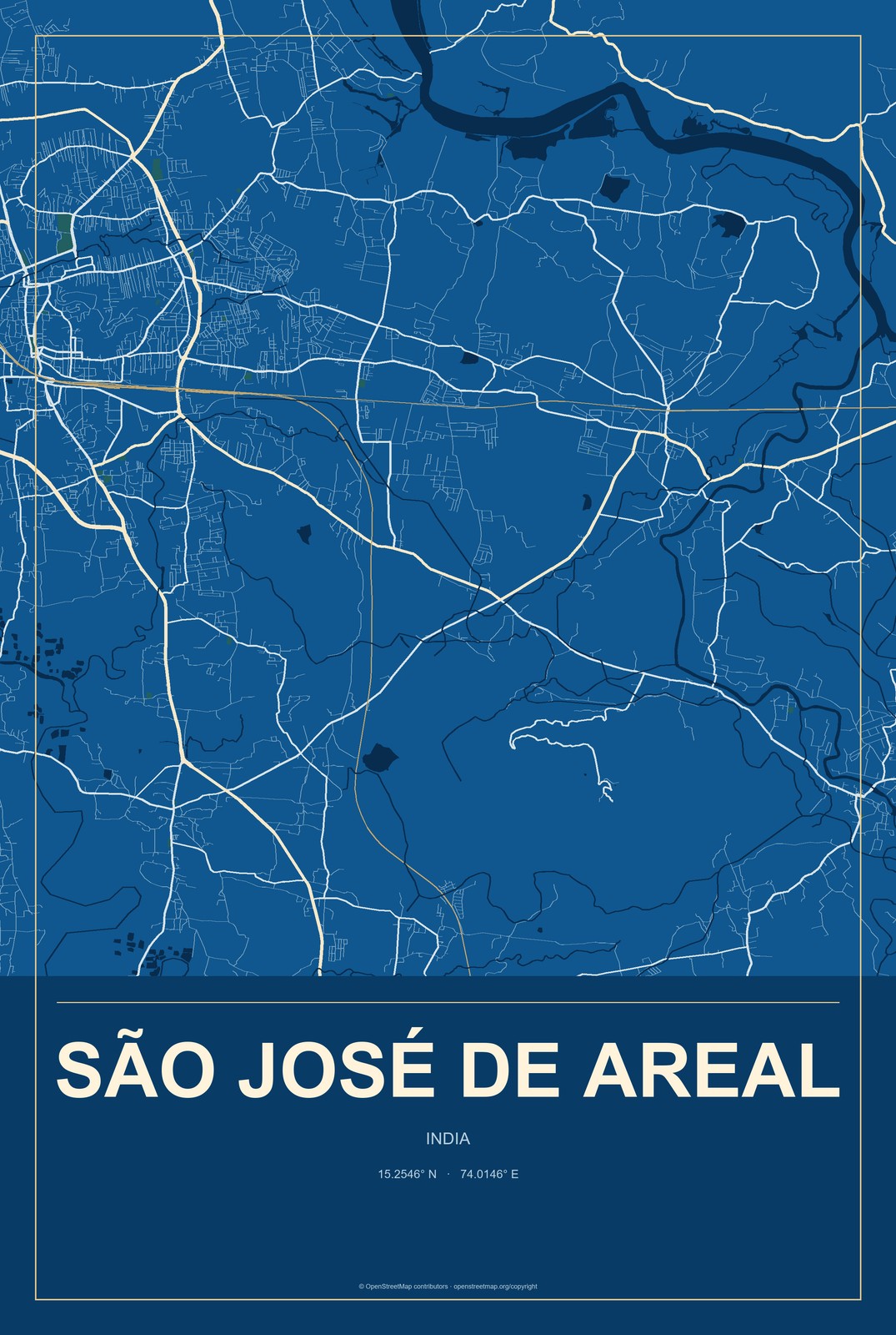 São José de Areal, India City Map Aluminum Sign in Harbor Cobalt style