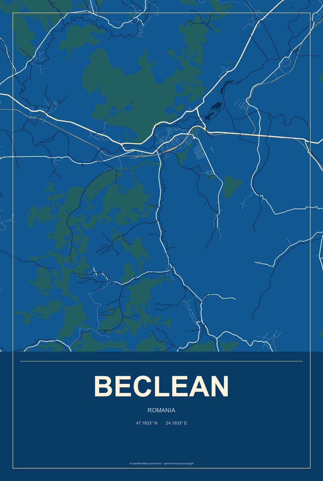 Beclean, Romania City Map Aluminum Sign in Harbor Cobalt style