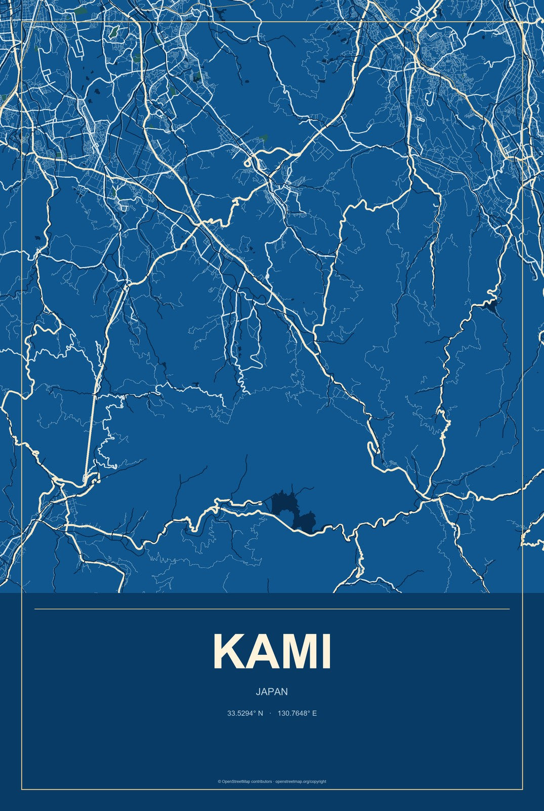 Kami, Japan City Map Aluminum Sign in Harbor Cobalt style