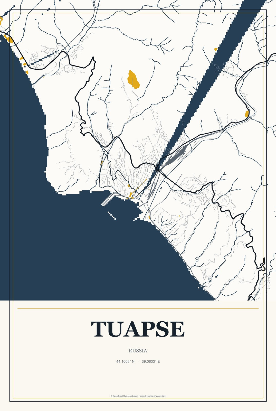 Tuapse, Russia City Map Aluminum Sign in Citrine Modern style
