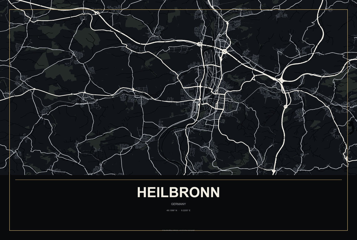 Heilbronn, Germany City Map Aluminum Sign in Metropolitan Noir style