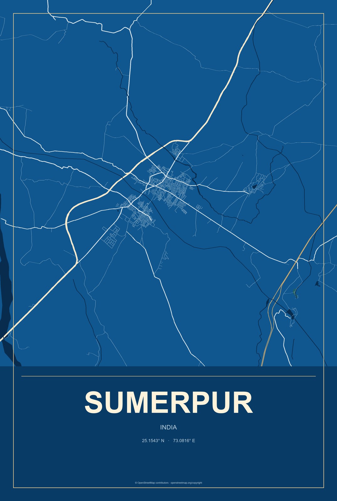 Sumerpur, India City Map Aluminum Sign in Harbor Cobalt style