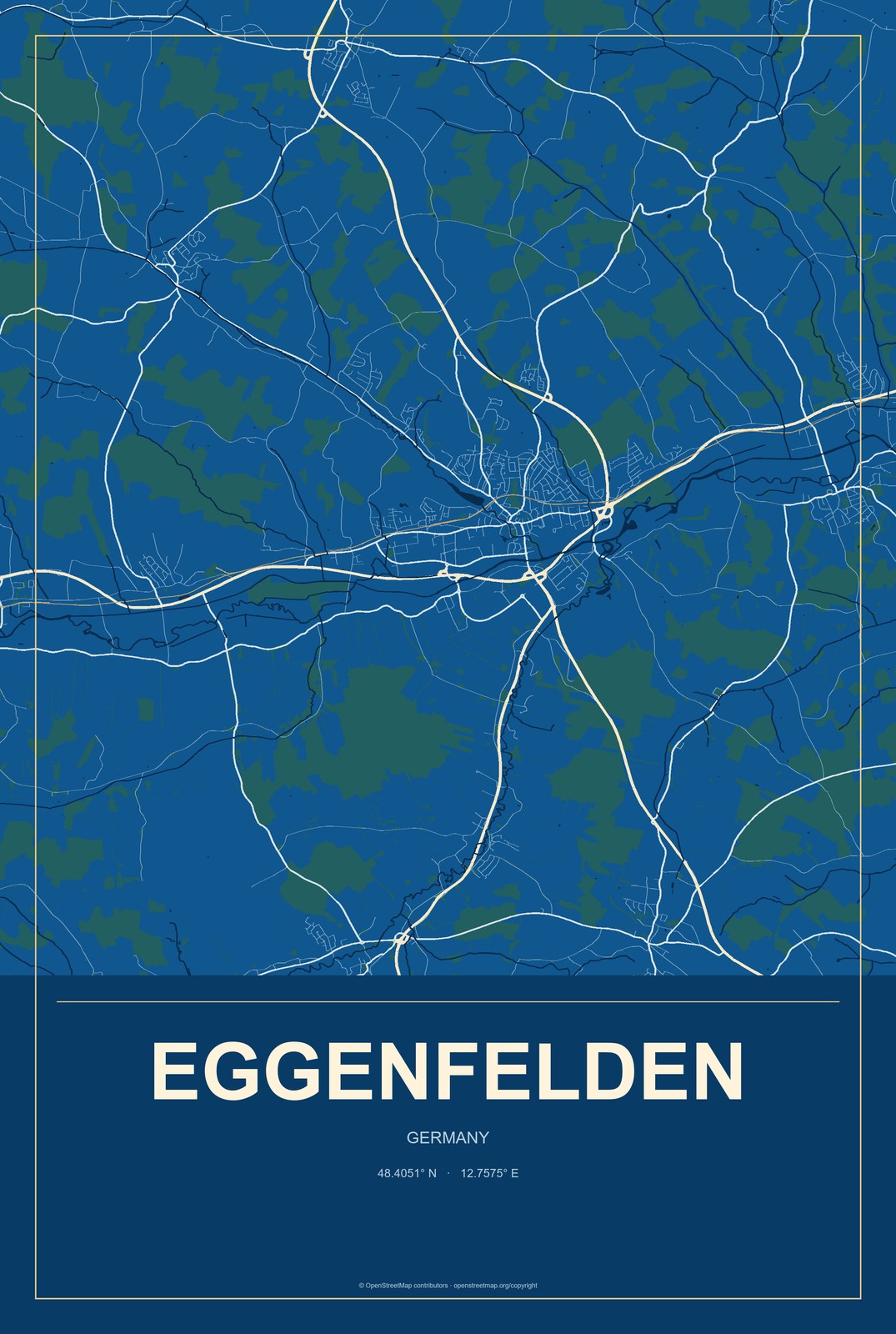 Eggenfelden, Germany City Map Aluminum Sign in Harbor Cobalt style