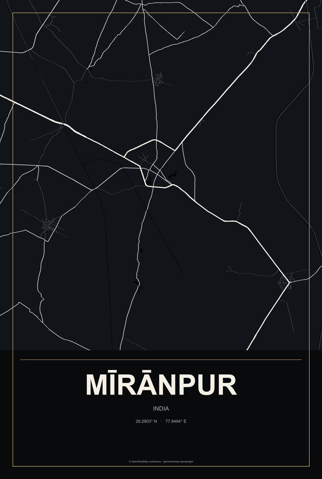 Mīrānpur, India City Map Aluminum Sign in Metropolitan Noir style