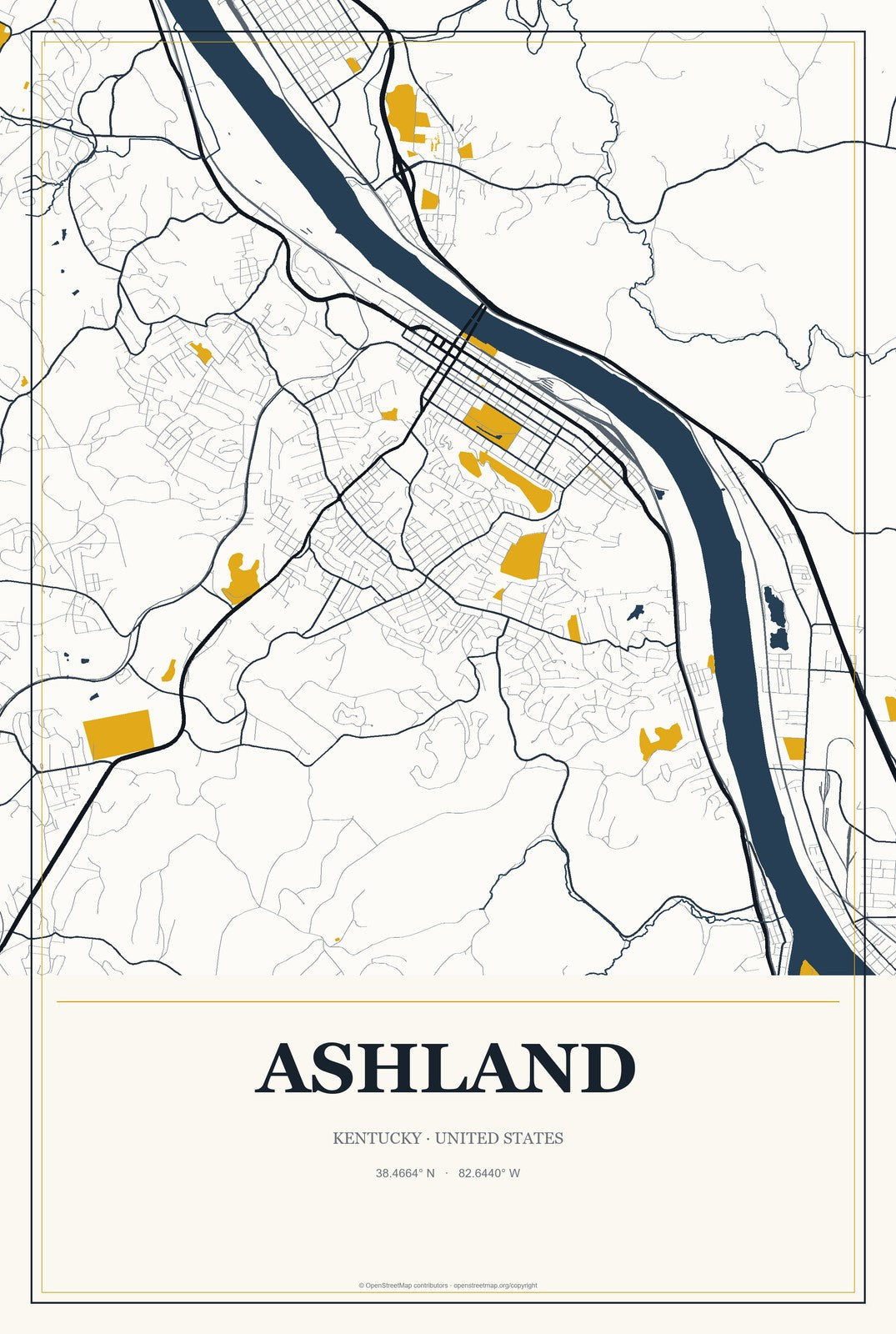Ashland, Kentucky City Map Aluminum Sign in Citrine Modern style