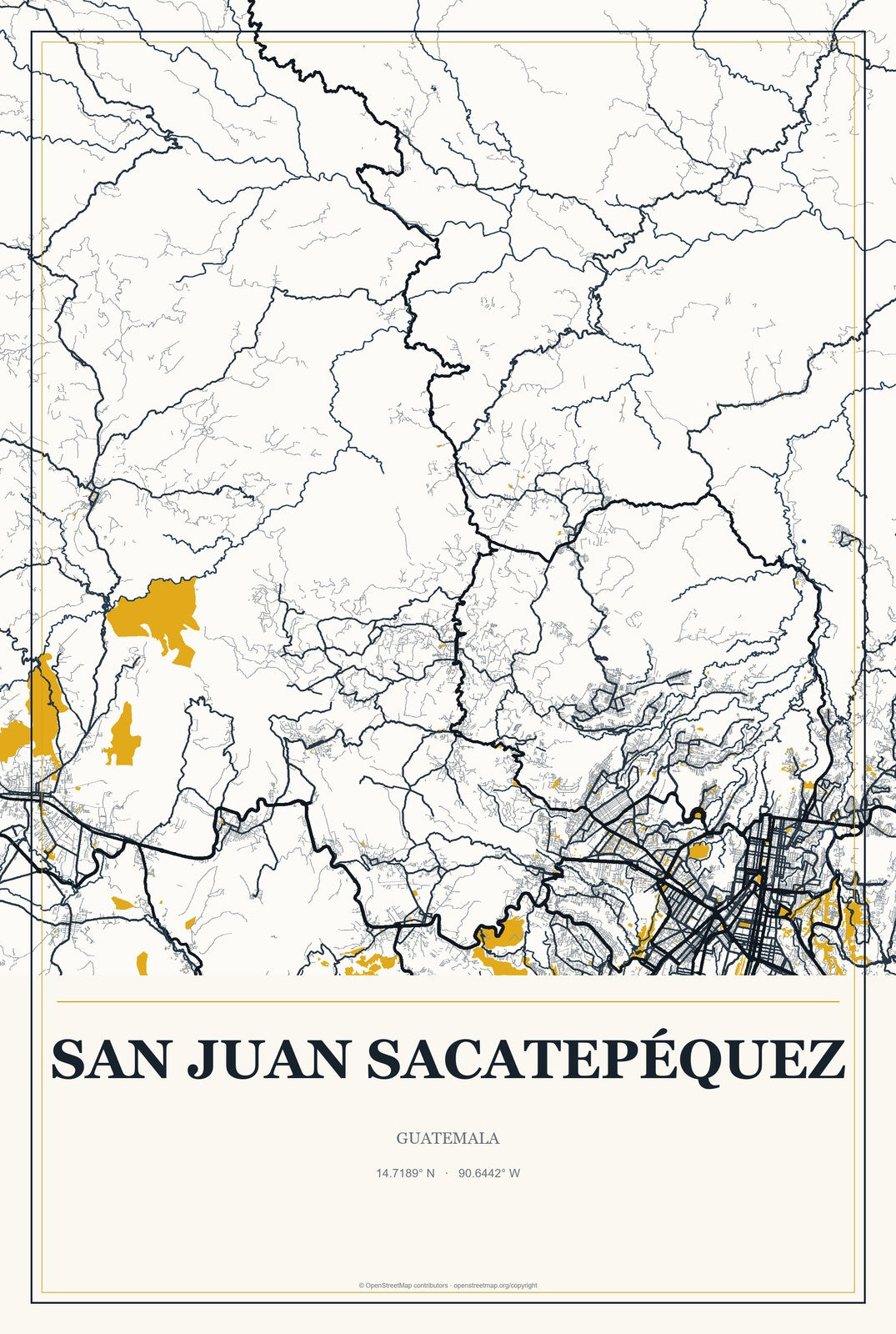 San Juan Sacatepéquez, Guatemala City Map Aluminum Sign in Citrine Modern style