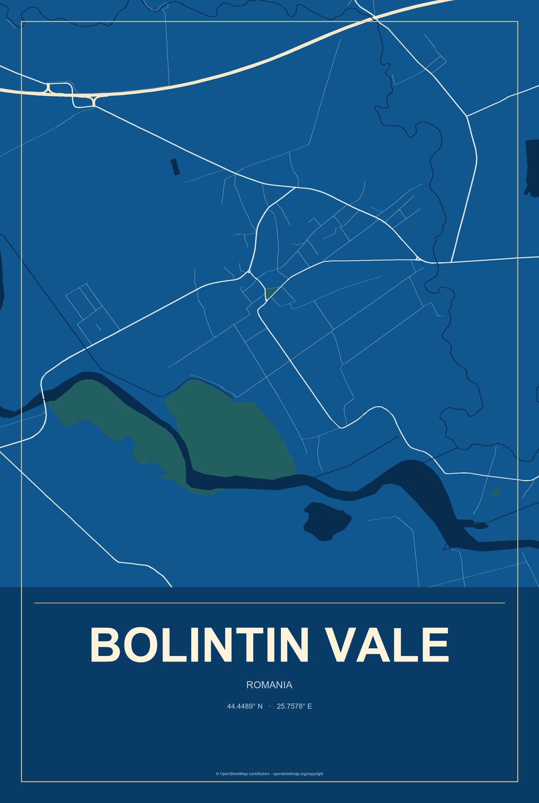 Bolintin Vale, Romania City Map Aluminum Sign in Harbor Cobalt style