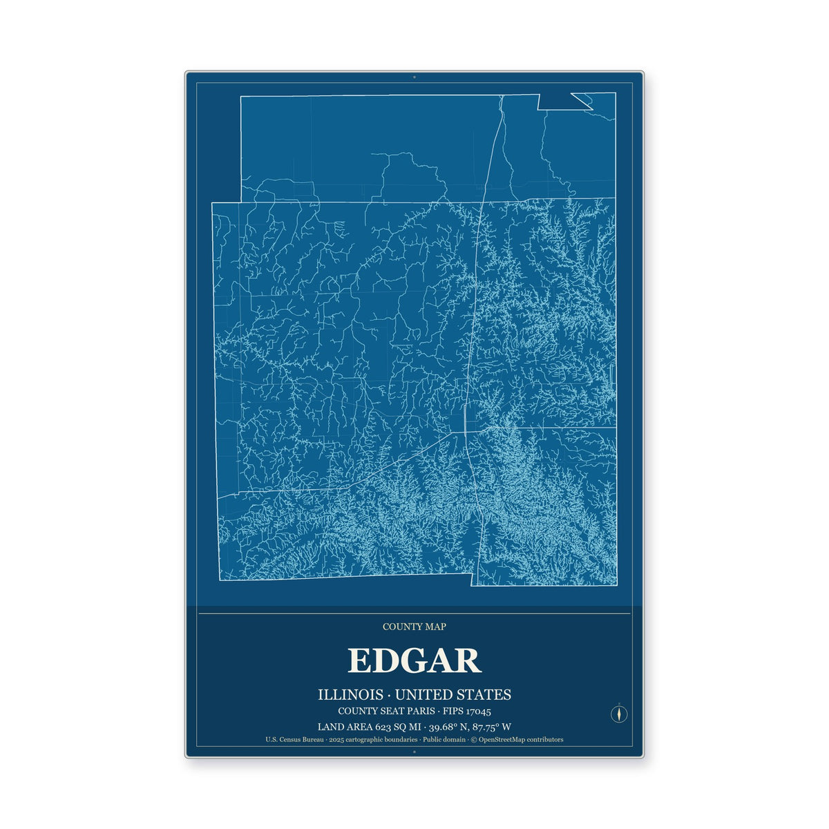 Edgar County, Illinois Map Aluminum Sign in Harbor Cobalt style