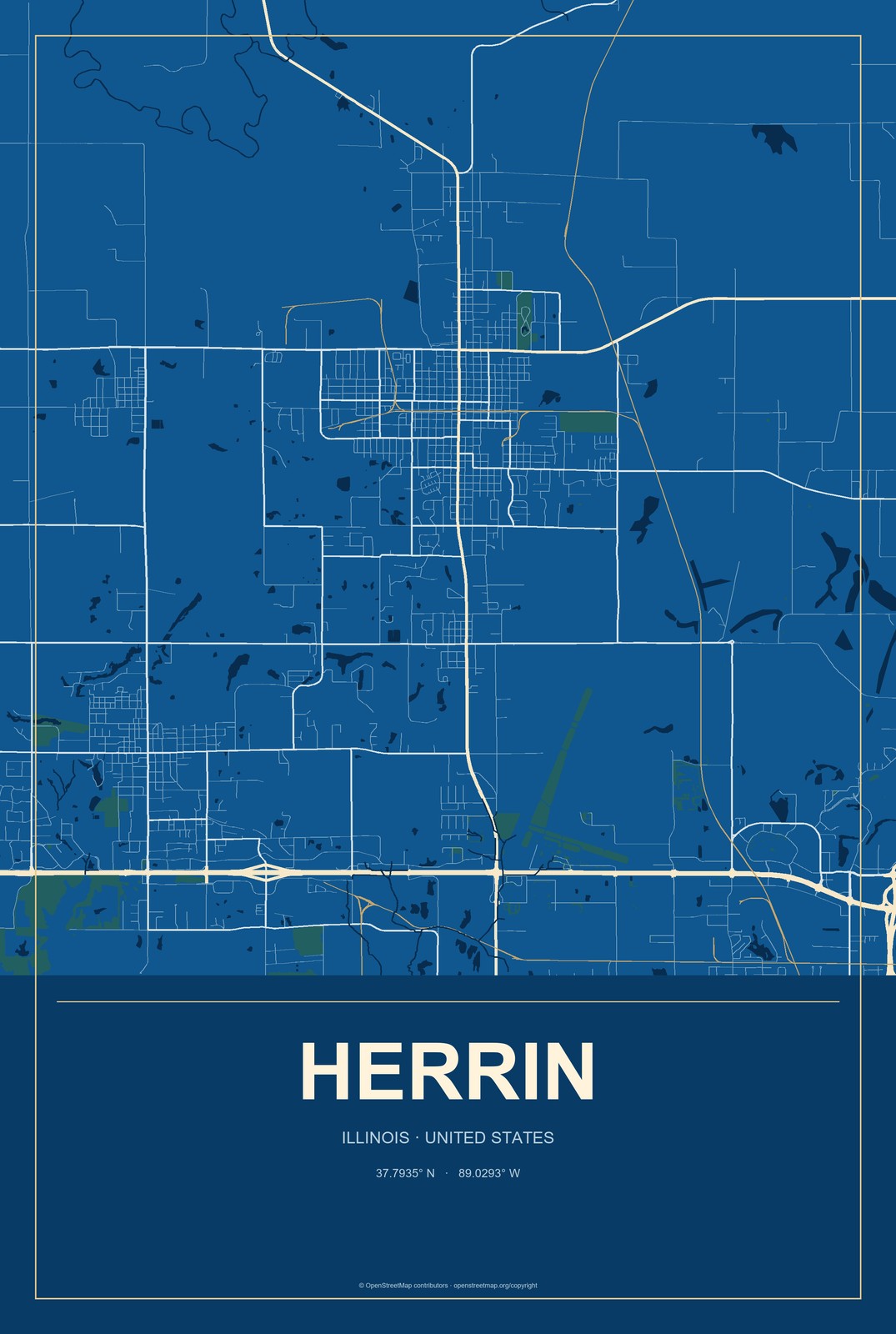 Herrin, Illinois City Map Aluminum Sign in Harbor Cobalt style