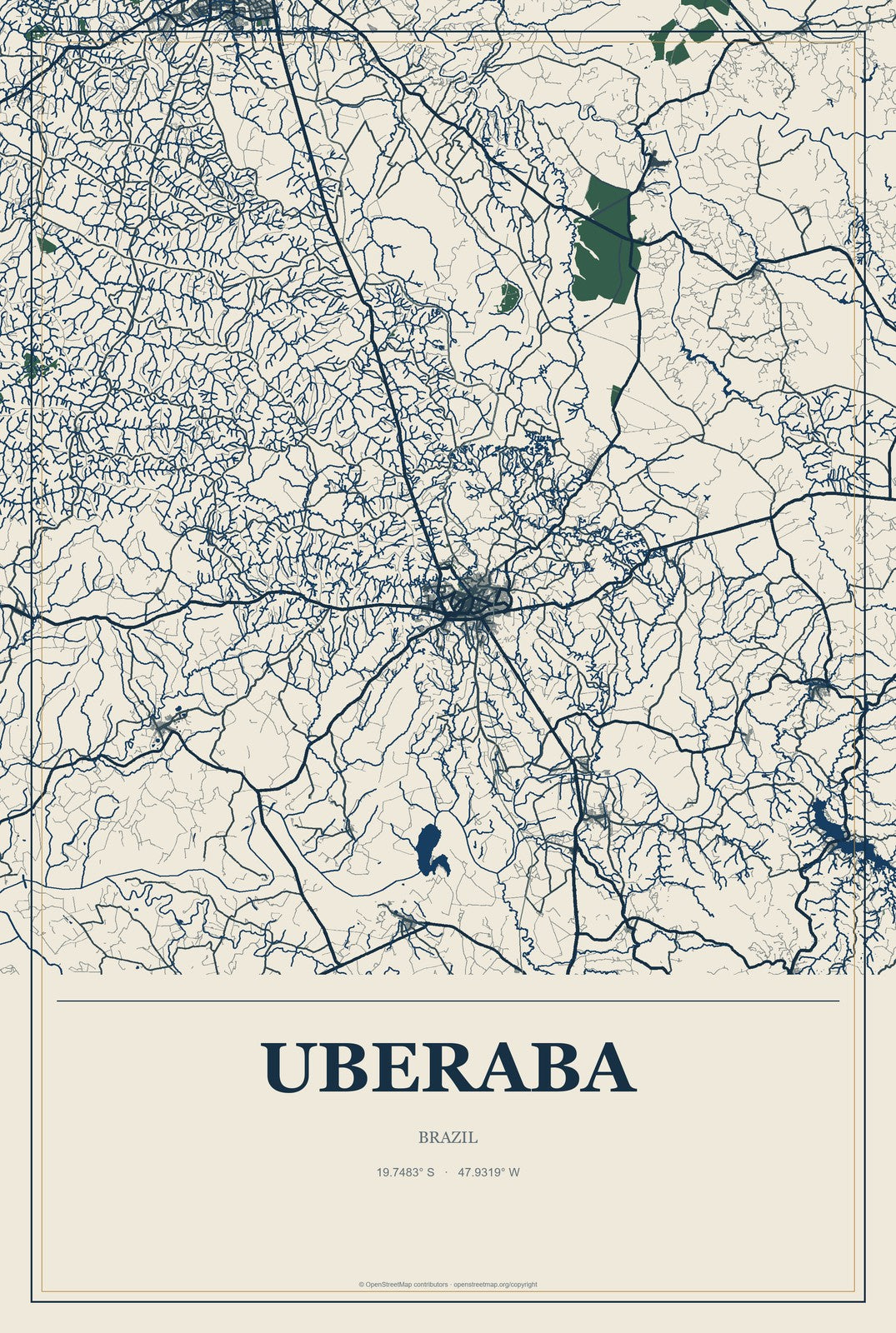 Uberaba, Brazil City Map Aluminum Sign in Coastal Cutout style