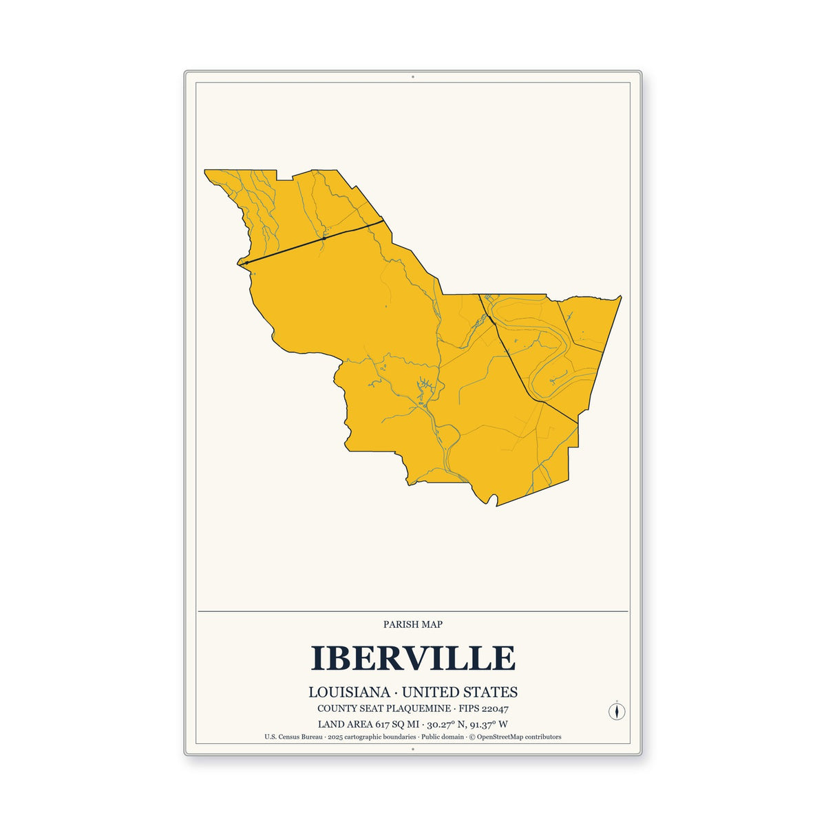 Iberville Parish, Louisiana Map Aluminum Sign in Citrine Modern style