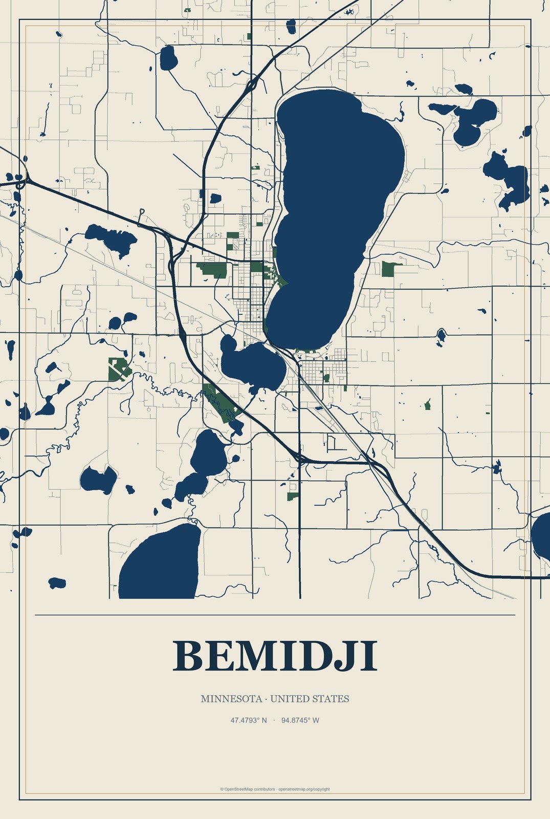 Bemidji, Minnesota City Map Aluminum Sign in Coastal Cutout style