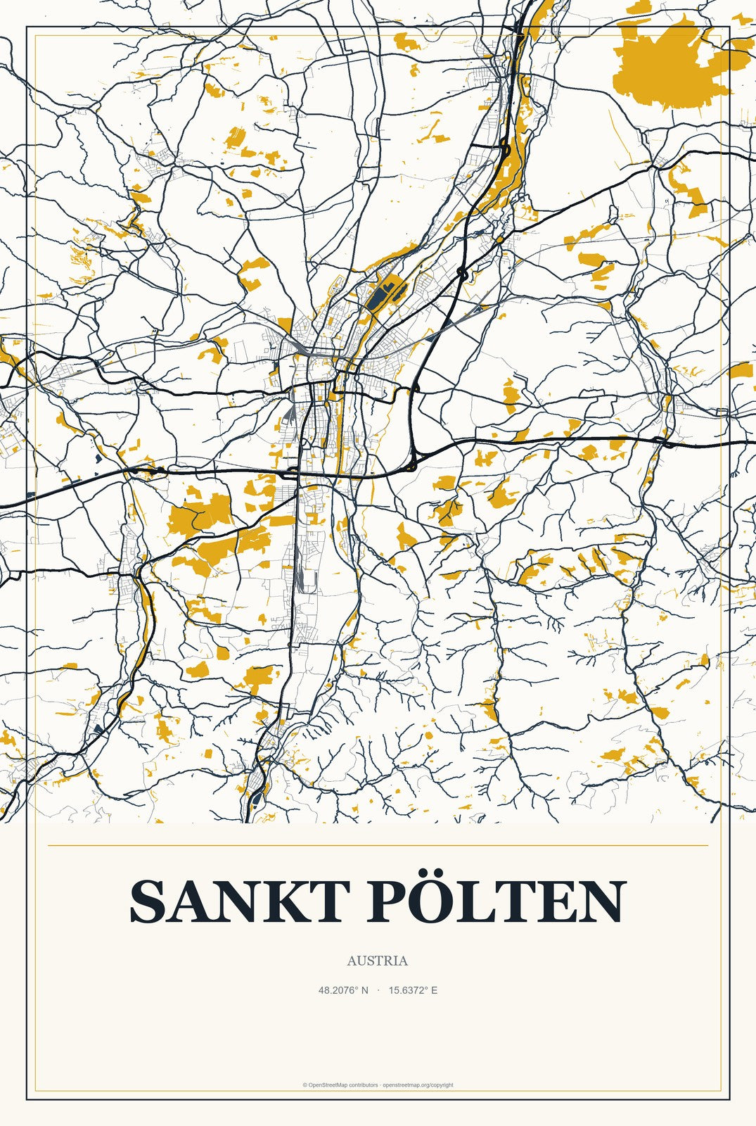 Sankt Pölten, Austria City Map Aluminum Sign in Citrine Modern style