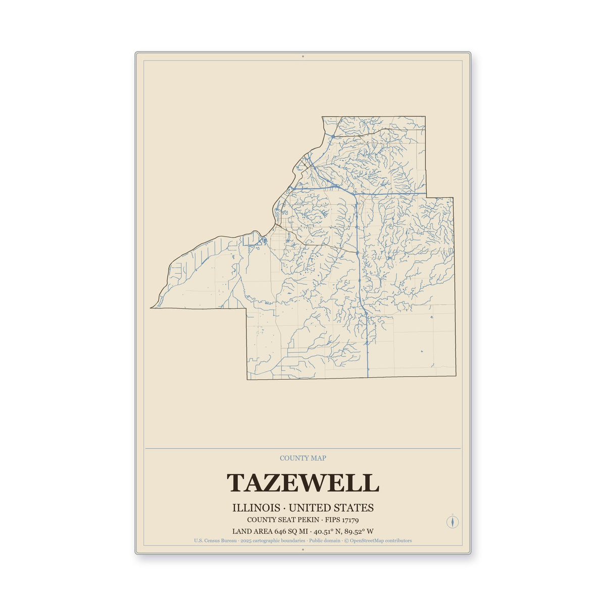 Tazewell County, Illinois Map Aluminum Sign in Heritage Nautical style