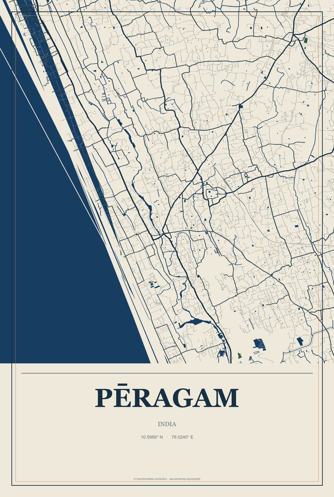 Pēragam, India City Map Aluminum Sign in Coastal Cutout style