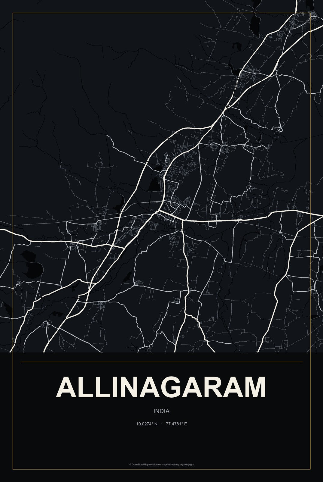 Allinagaram, India City Map Aluminum Sign in Metropolitan Noir style