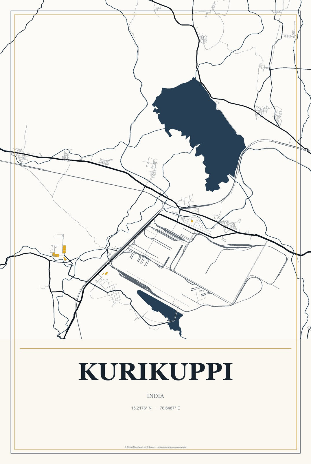 Kurikuppi, India City Map Aluminum Sign in Citrine Modern style