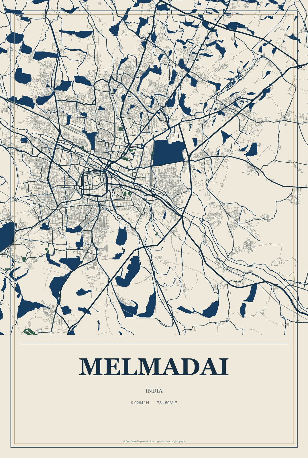Melmadai, India City Map Aluminum Sign in Coastal Cutout style
