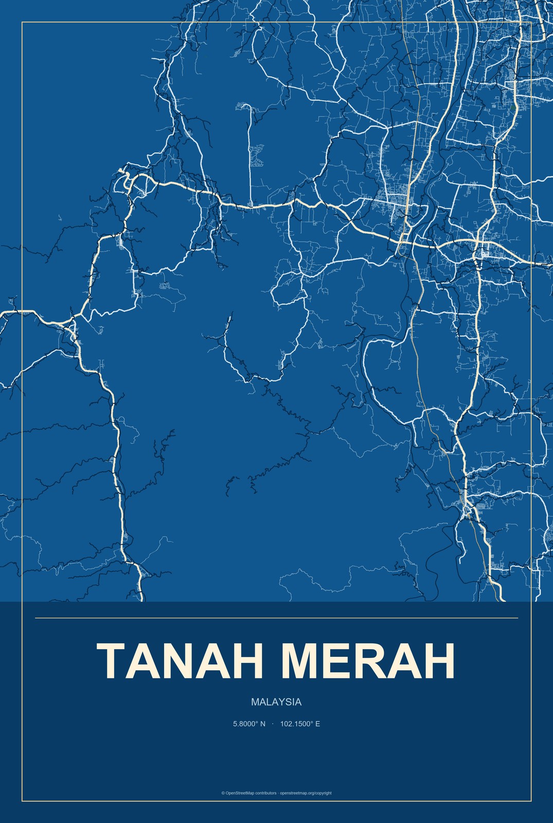 Tanah Merah, Malaysia City Map Aluminum Sign in Harbor Cobalt style