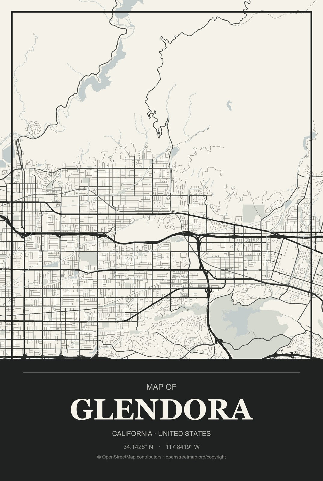 Glendora, California City Map Aluminum Sign in Museum Plaque style