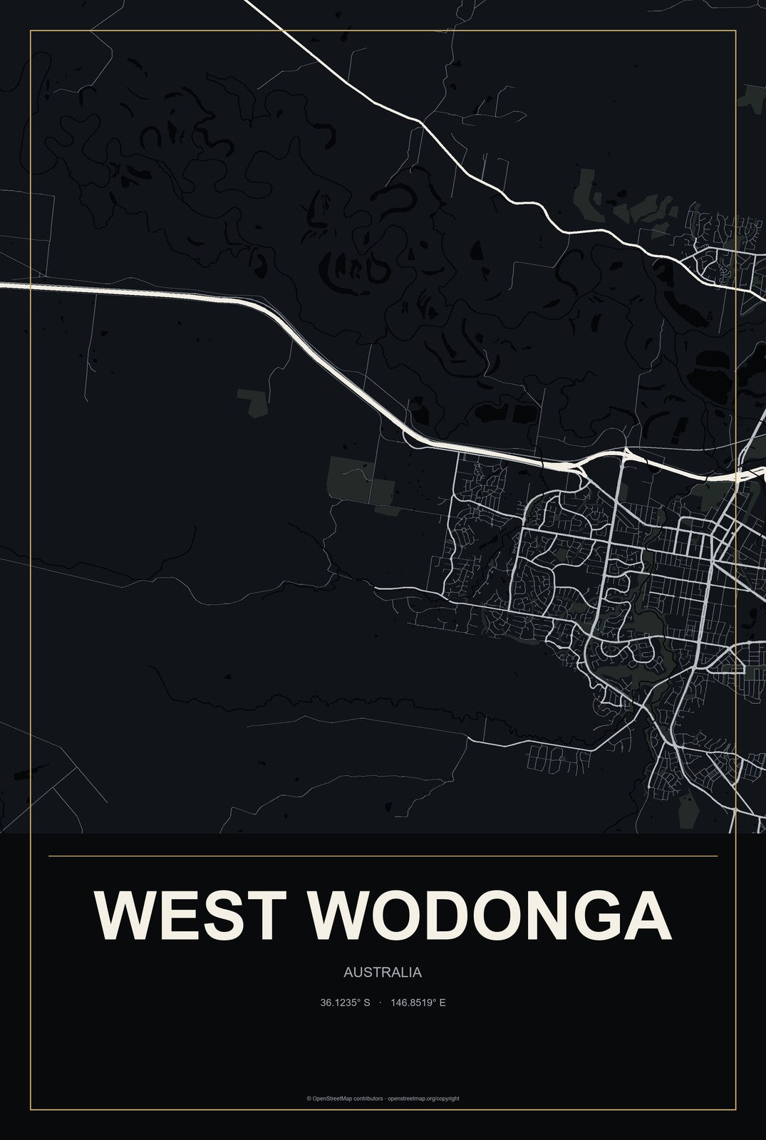 West Wodonga, Australia City Map Aluminum Sign in Metropolitan Noir style