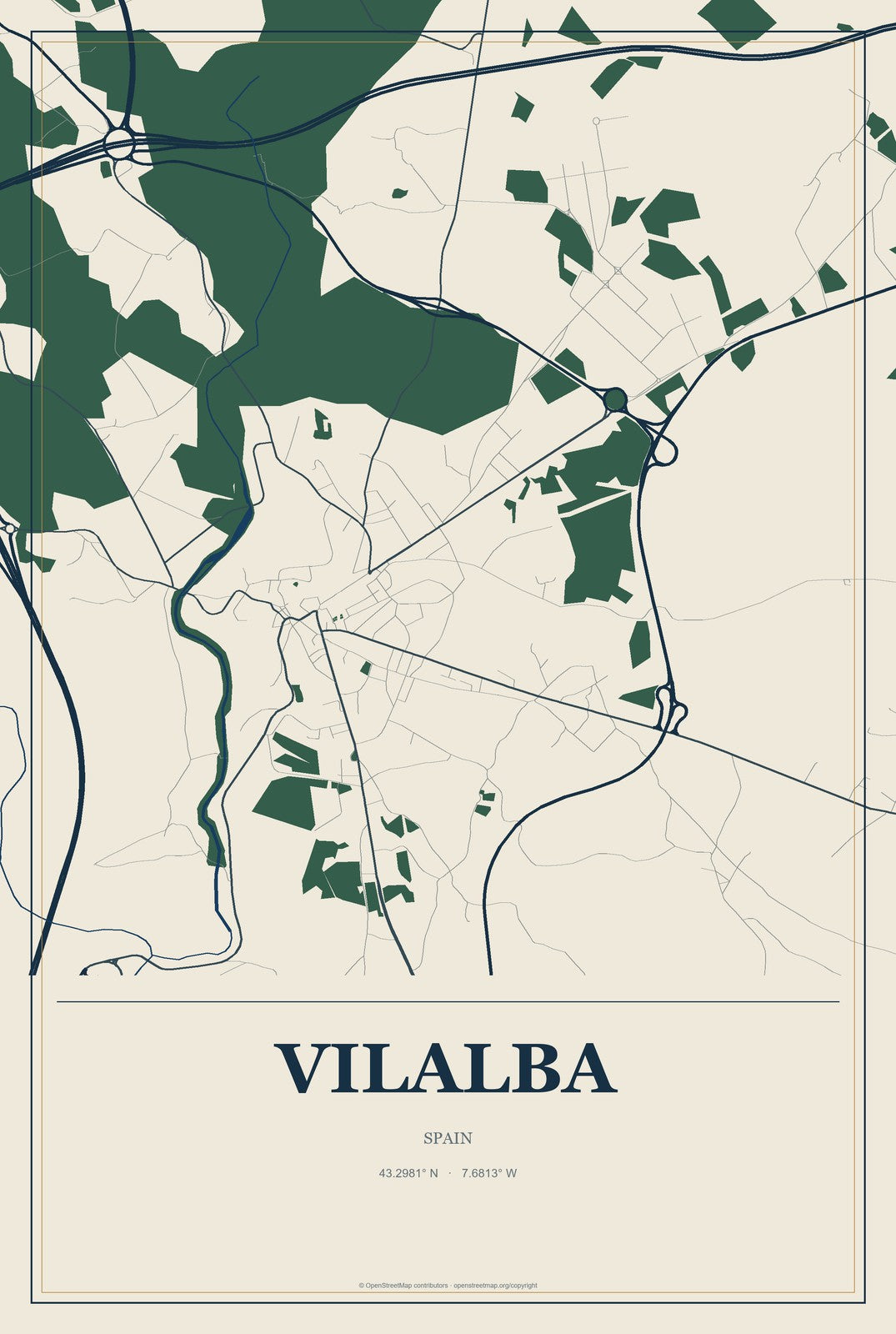 Vilalba, Spain City Map Aluminum Sign in Coastal Cutout style