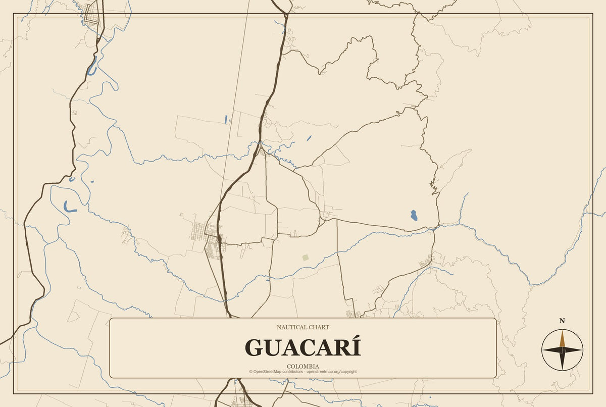 Guacarí, Colombia City Map Aluminum Sign in Heritage Nautical style