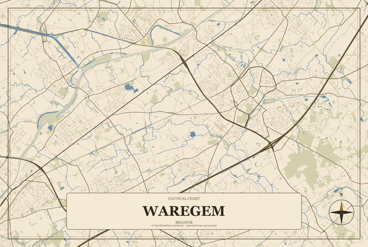 Waregem, Belgium City Map Aluminum Sign in Heritage Nautical style