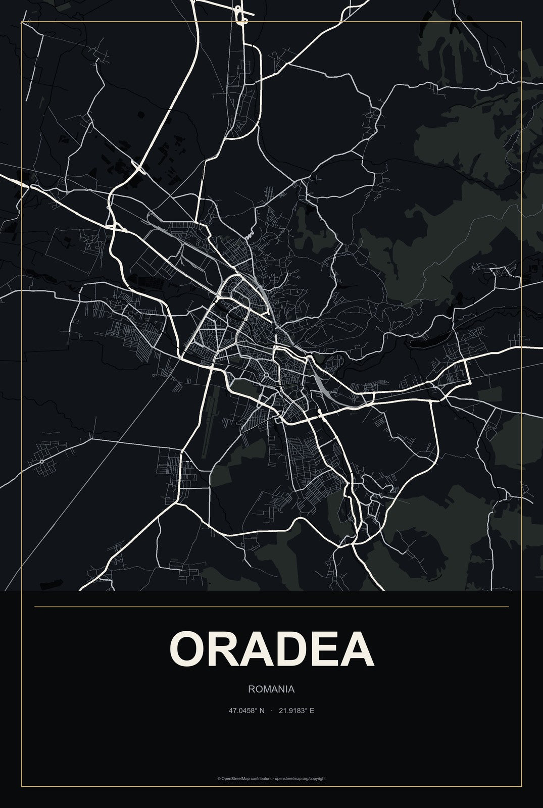 Oradea, Romania City Map Aluminum Sign in Metropolitan Noir style