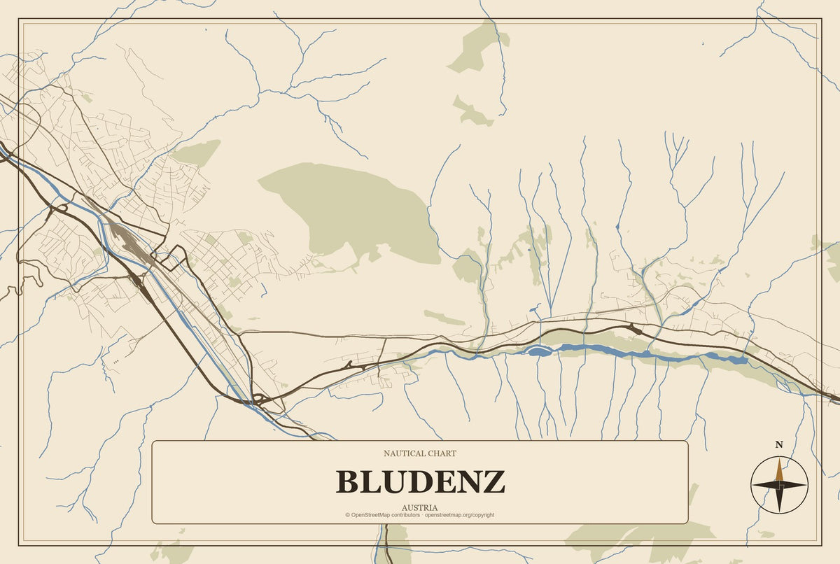 Bludenz, Austria City Map Aluminum Sign in Heritage Nautical style