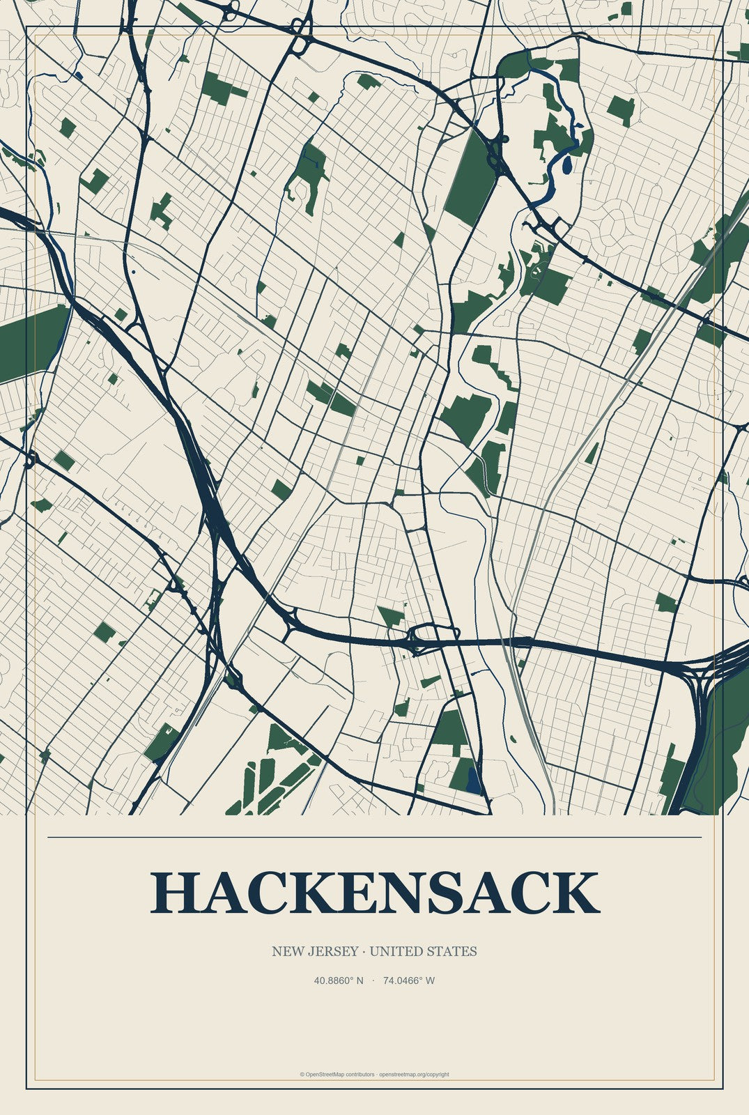 Hackensack, New Jersey City Map Aluminum Sign in Coastal Cutout style