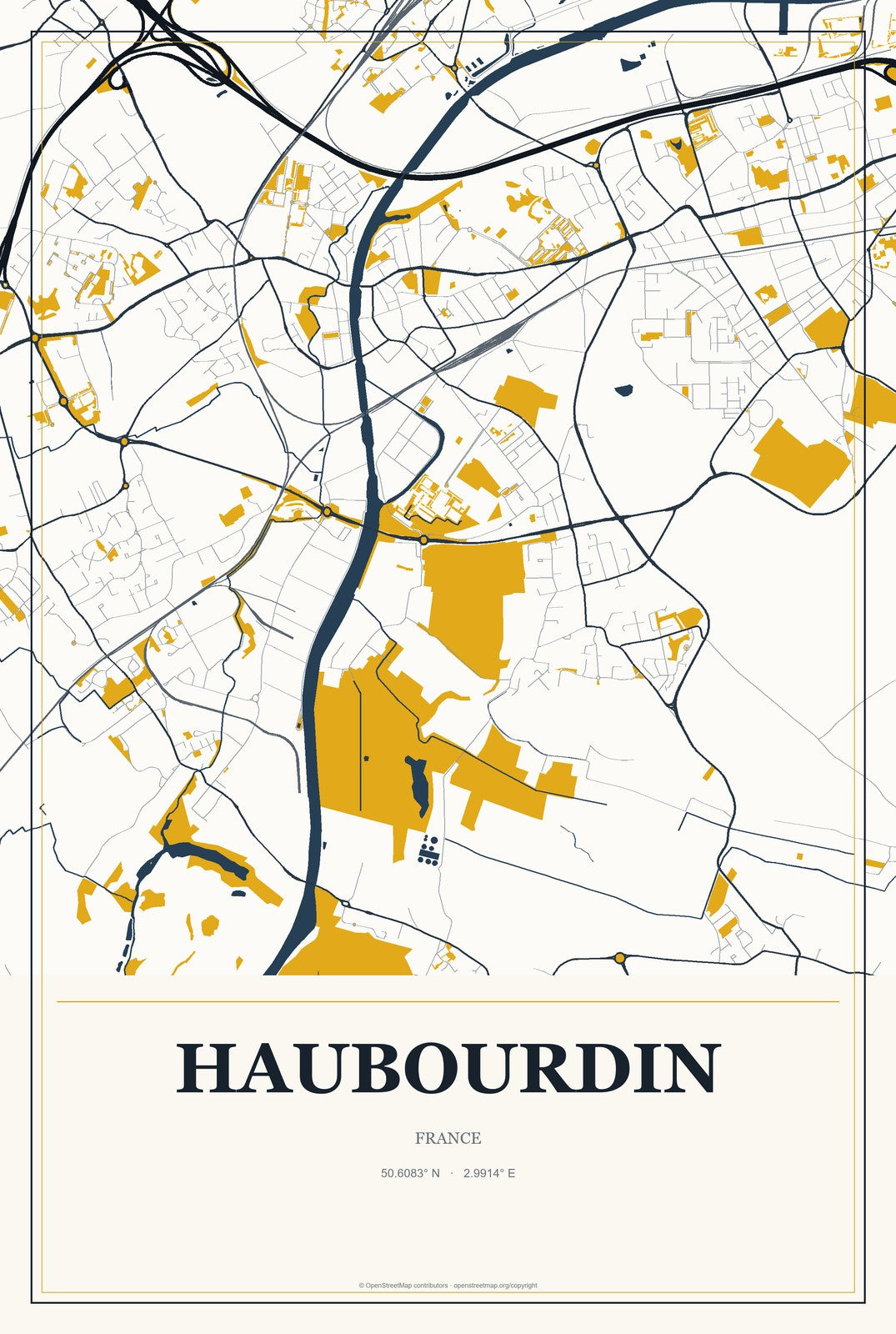 Haubourdin, France City Map Aluminum Sign in Citrine Modern style