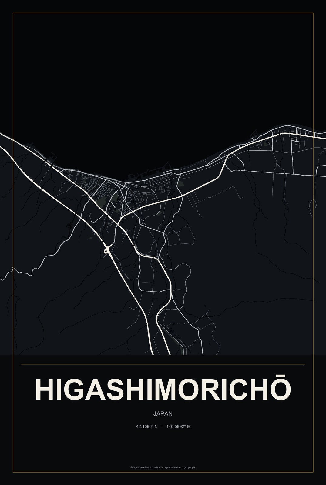 Higashimorichō, Japan City Map Aluminum Sign in Metropolitan Noir style