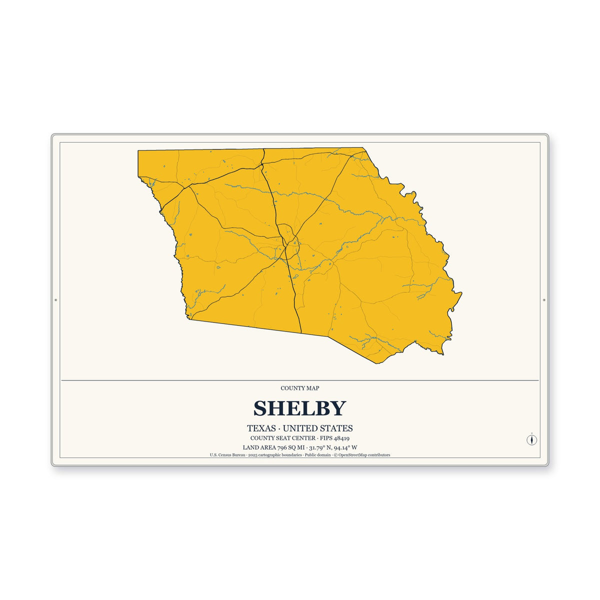 Shelby County, Texas Map Aluminum Sign in Citrine Modern style