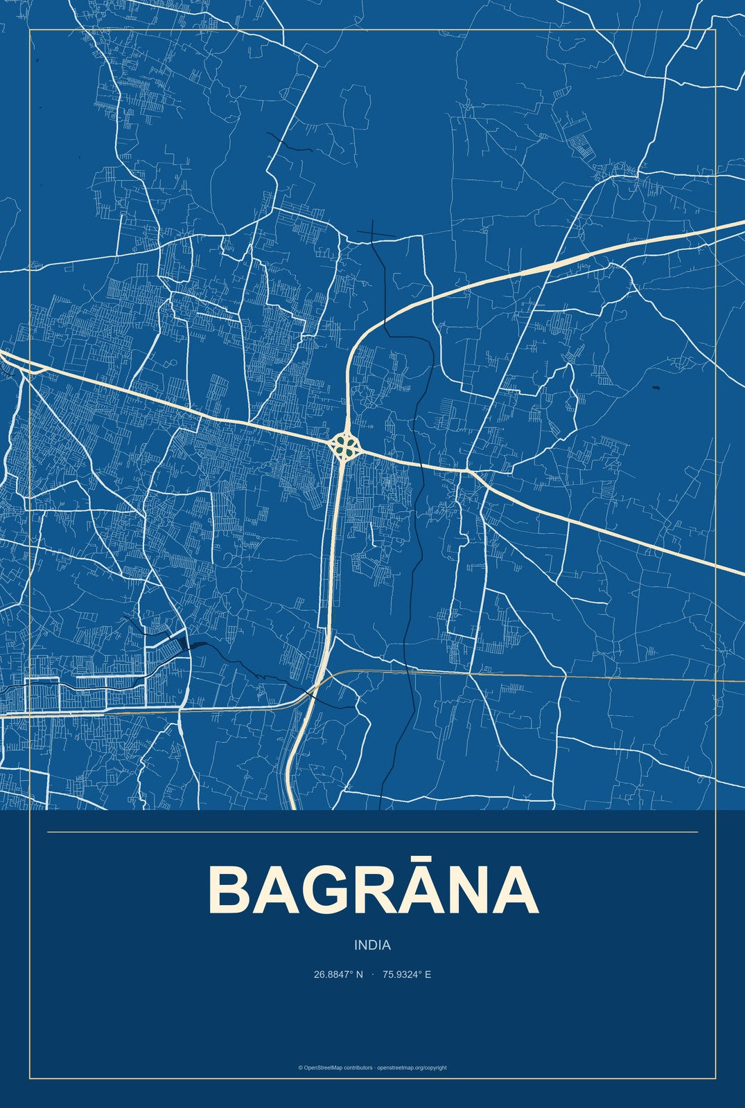 Bagrāna, India City Map Aluminum Sign in Harbor Cobalt style