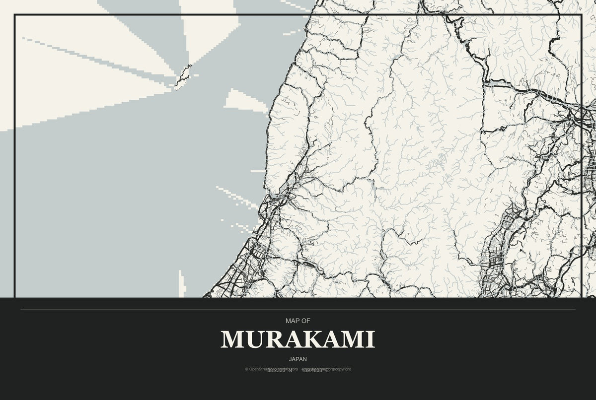 Murakami, Japan City Map Aluminum Sign in Museum Plaque style