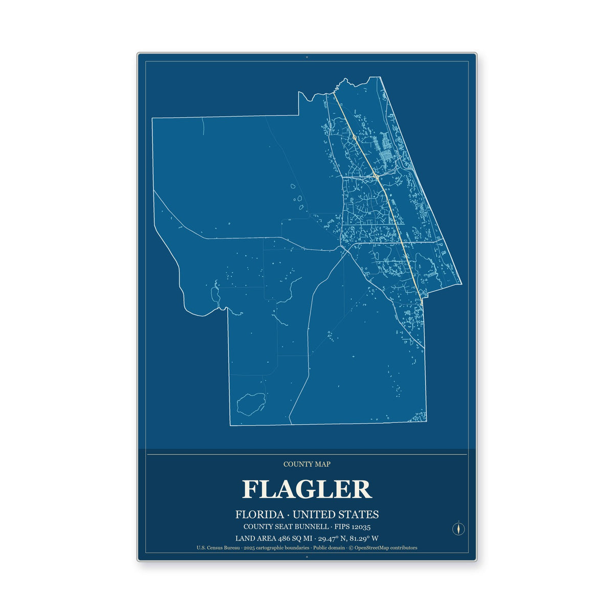 Flagler County, Florida Map Aluminum Sign in Harbor Cobalt style
