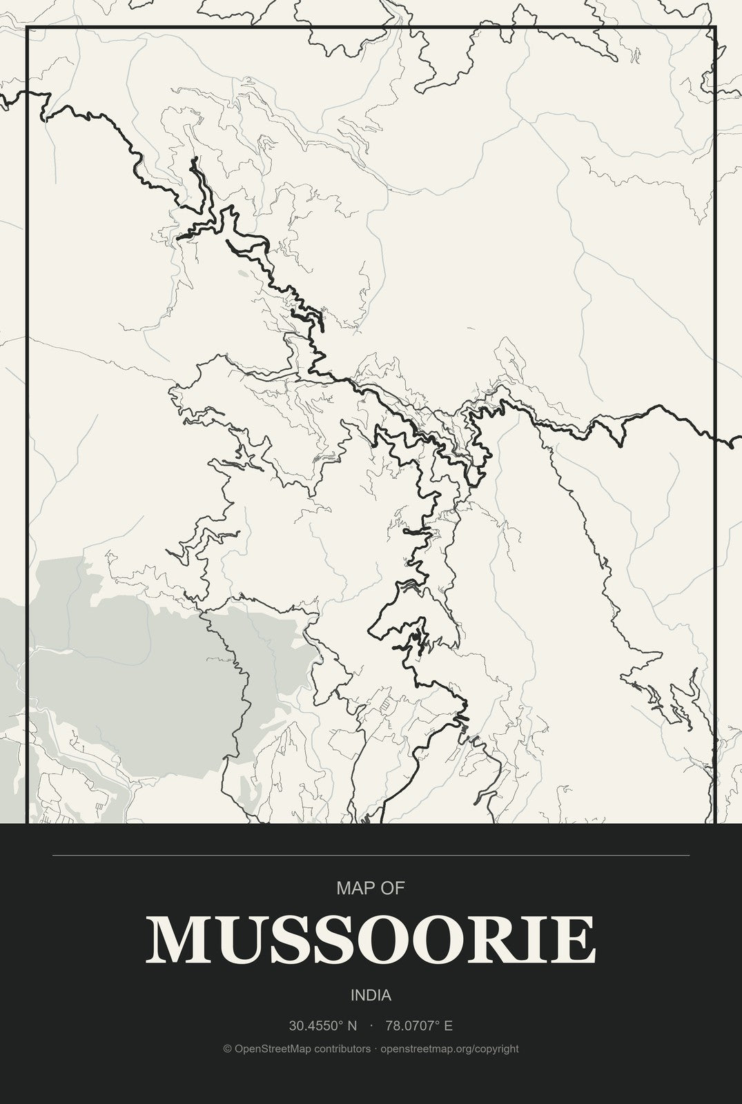 Mussoorie, India City Map Aluminum Sign in Museum Plaque style
