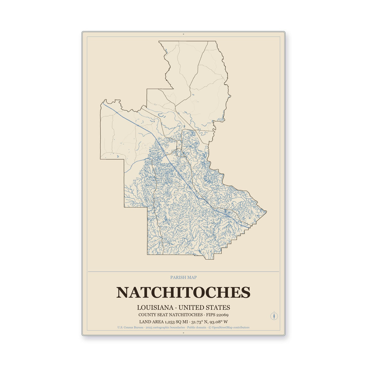 Natchitoches Parish, Louisiana Map Aluminum Sign in Heritage Nautical style