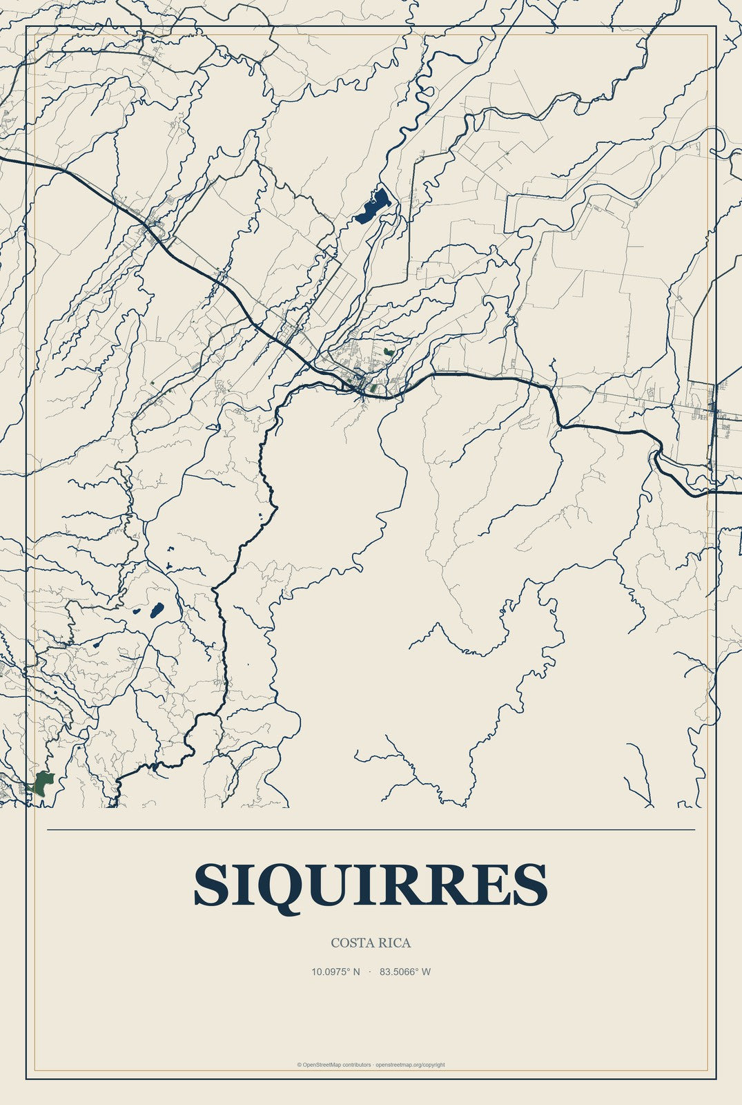 Siquirres, Costa Rica City Map Aluminum Sign in Coastal Cutout style