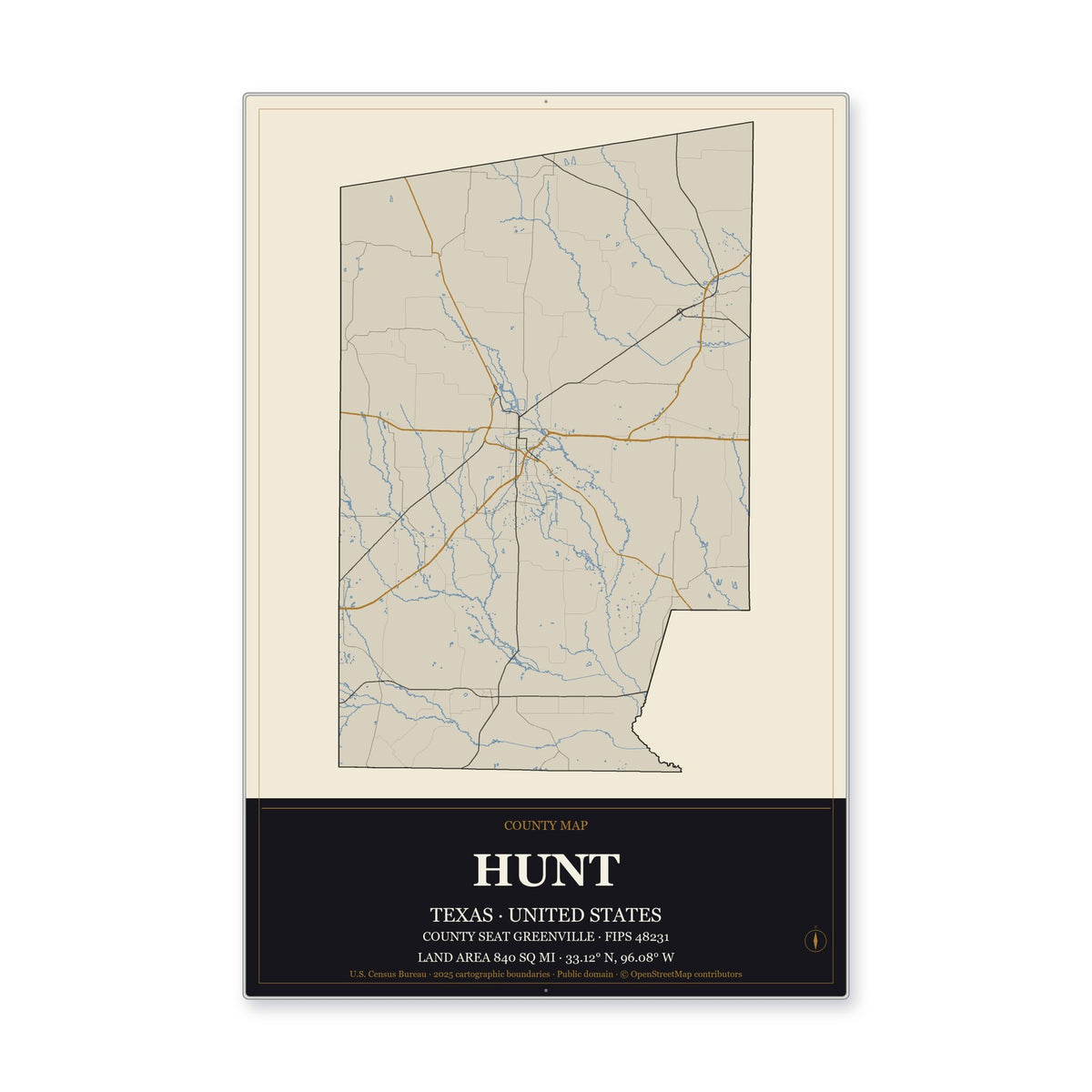 Hunt County, Texas Map Aluminum Sign in Museum Plaque style